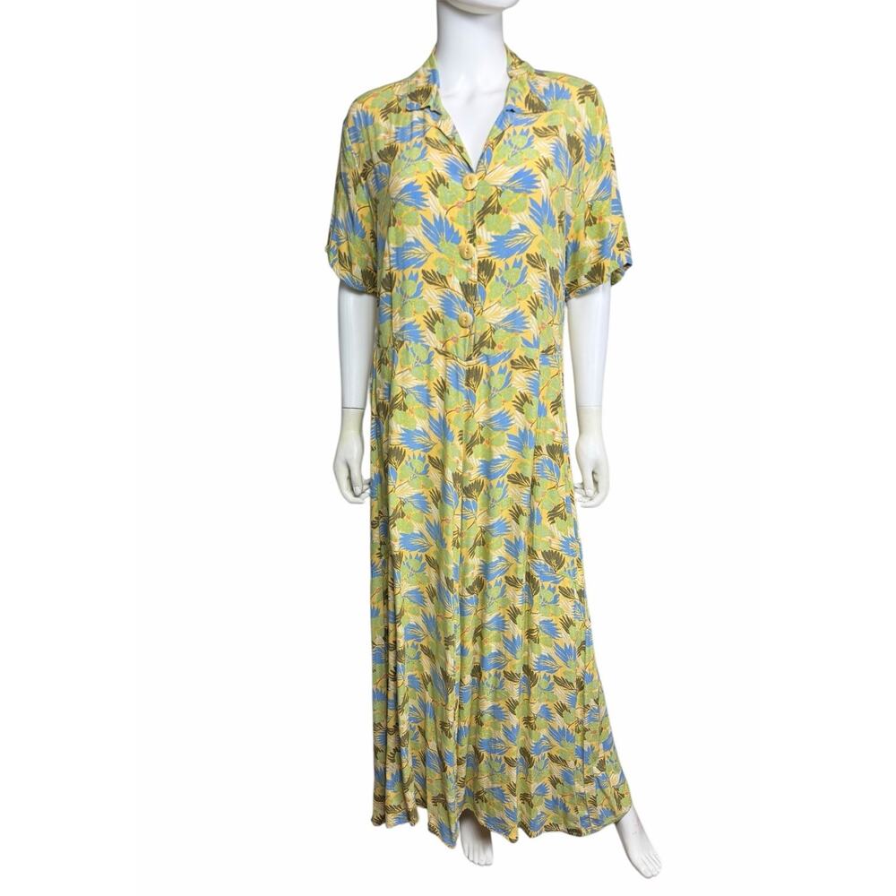 FLAX by Jeanne Engelhart Women's M Multicolor Yellow Floral Artsy Maxi Dress EUC